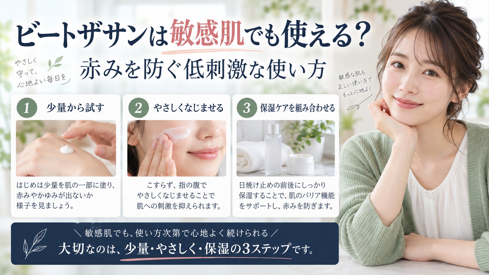 ビートザサンは敏感肌でも使える?赤みを防ぐ低刺激な使い方を3ステップで解説するアイキャッチ