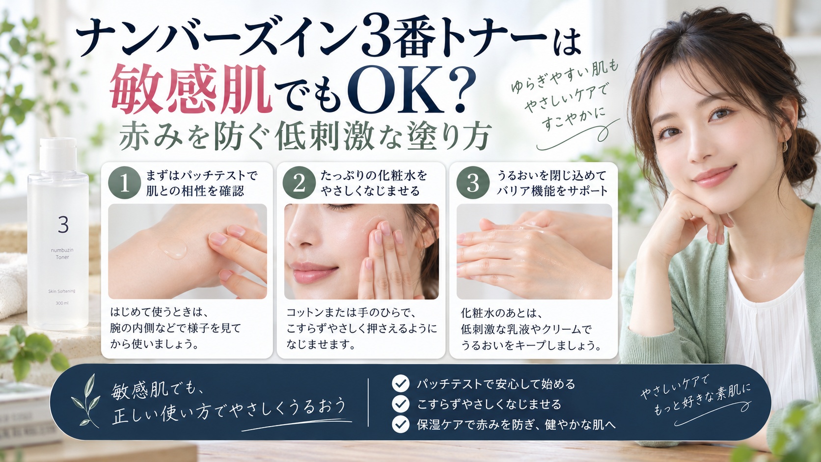 ナンバーズイン3番トナーは敏感肌でもOK?赤みを防ぐ低刺激な塗り方を3ステップで解説するアイキャッチ
