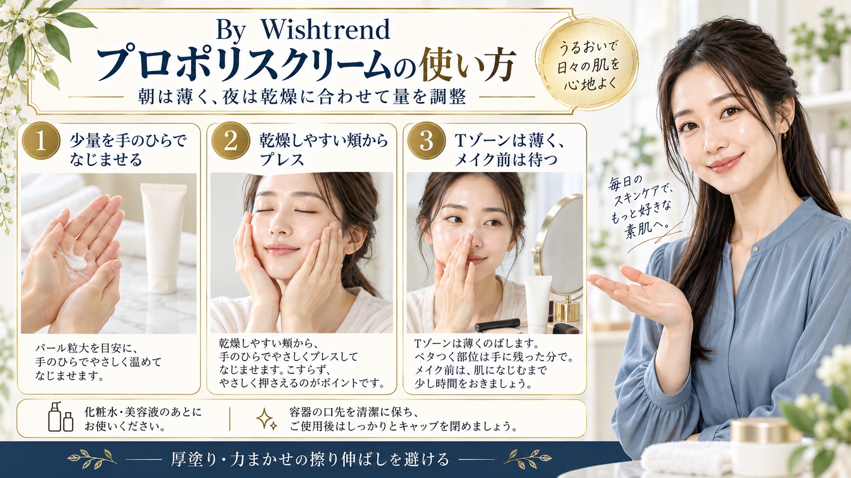 By Wishtrendプロポリスクリームは朝は薄く夜は乾燥に合わせて量を調整する。少量を手のひらでなじませ乾燥しやすい頬からプレスしTゾーンは手に残った分で薄く塗る。化粧水や美容液のあとに使いメイク前はなじむまで待ち容器の口先を清潔に保つ。厚塗りや力まかせの擦り伸ばしを避ける