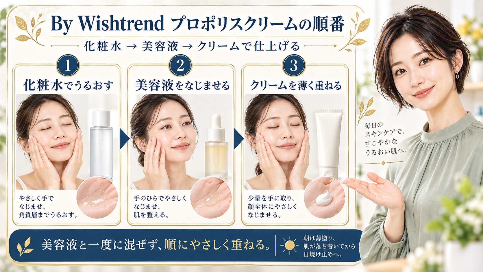 By Wishtrendプロポリスクリームの順番は化粧水から美容液そしてクリームで仕上げる。化粧水でうるおし美容液をなじませクリームを薄く重ねる。美容液と一度に混ぜず順にやさしく重ね、朝は薄塗りして肌が落ち着いてから日焼け止めへ進む