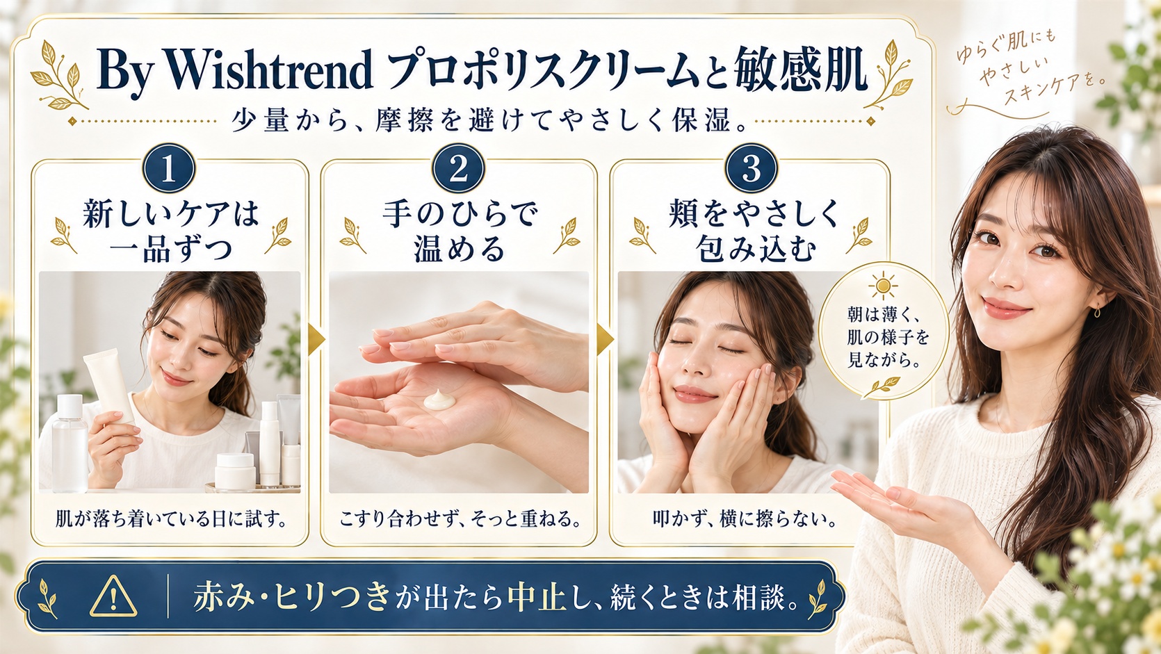 By Wishtrendプロポリスクリームと敏感肌。新しいケアは一品ずつ、肌が落ち着いた日に少量から試す。手のひらで温めて頬をやさしく包み、叩かず擦らない。赤みやヒリつきが出たら中止し、続くときは相談