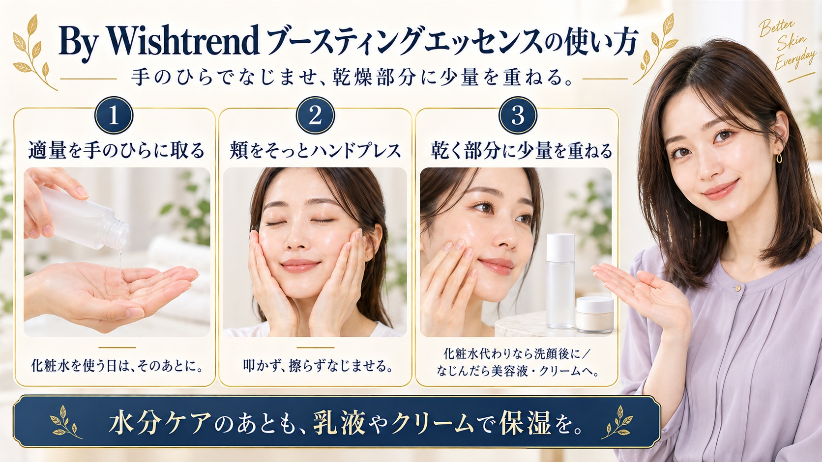 By Wishtrendブースティングエッセンスの使い方。適量を手のひらに取り頬をそっとハンドプレスし、乾く部分に少量を重ねる。化粧水を使う日はそのあと、化粧水代わりなら洗顔後に使い、なじんだら美容液やクリームへ進む