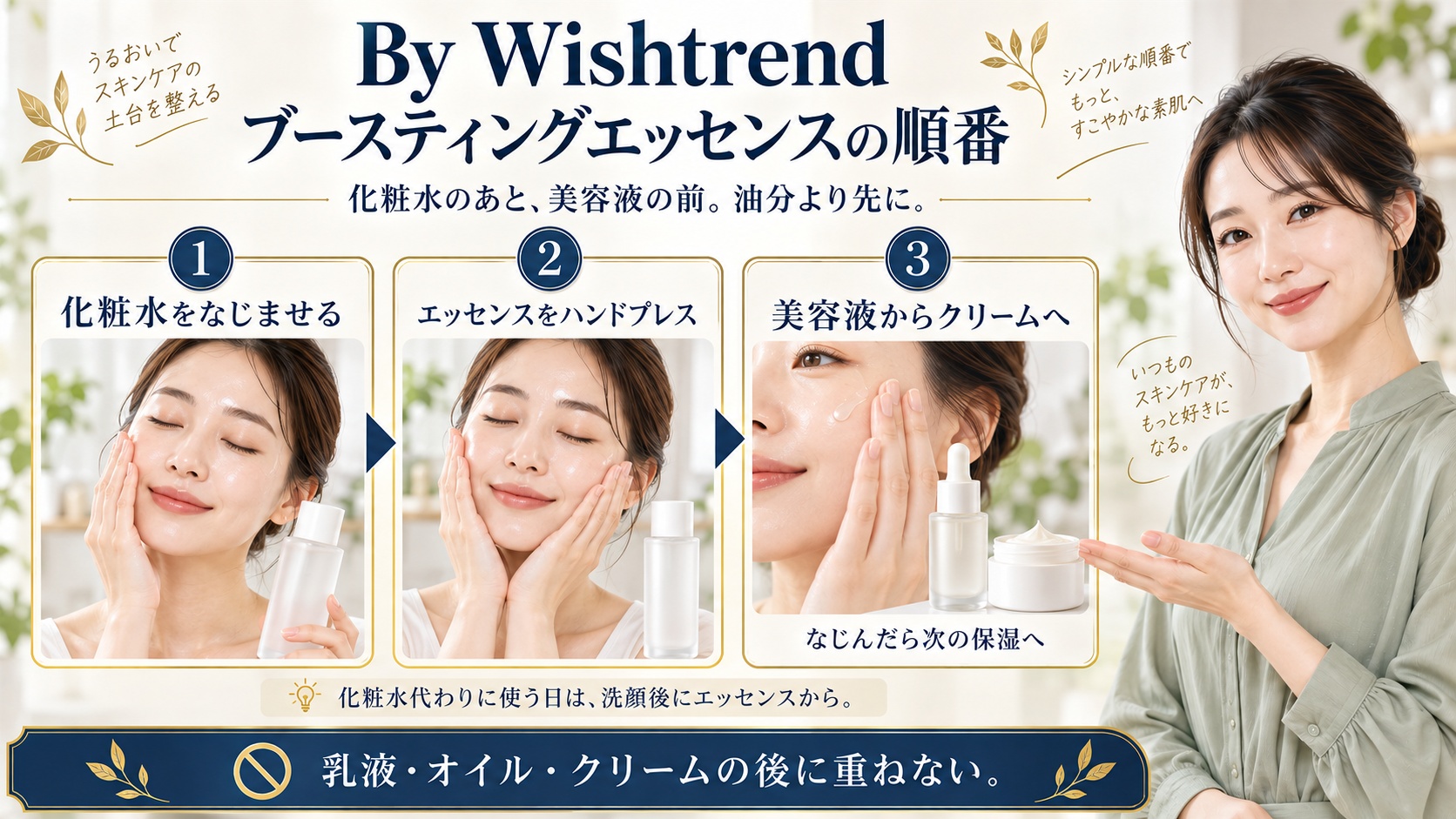 By Wishtrendブースティングエッセンスの順番。化粧水のあと美容液の前にエッセンスをハンドプレスし、美容液からクリームへ進む。化粧水代わりの日は洗顔後にエッセンスから使い、乳液やオイルやクリームのあとに重ねない