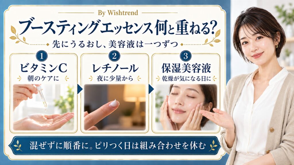 ブースティングエッセンスに重ねるビタミンC、レチノール、保湿美容液と使う場面