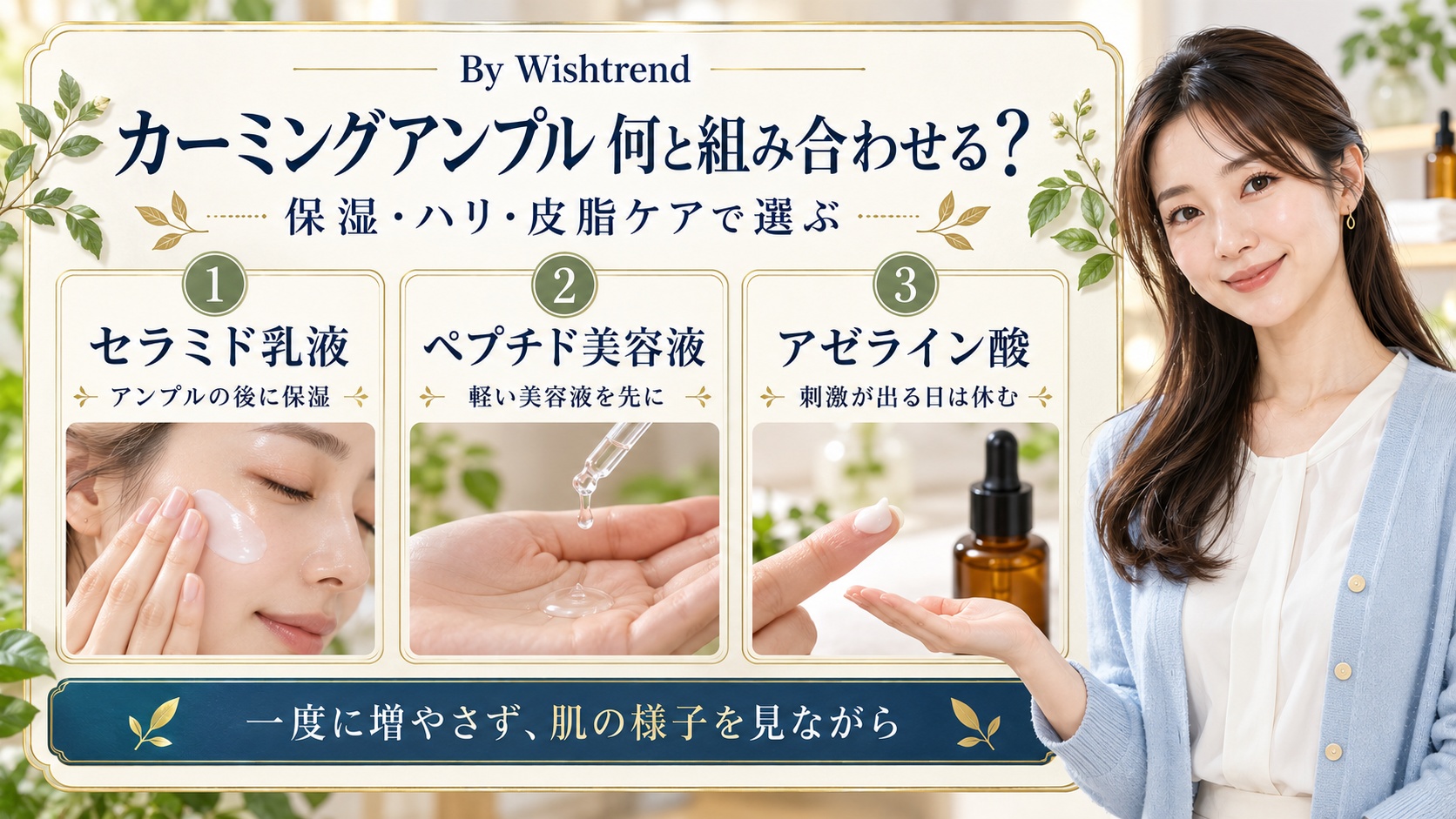 カーミングアンプルとセラミド乳液、ペプチド美容液、アゼライン酸の組み合わせ方