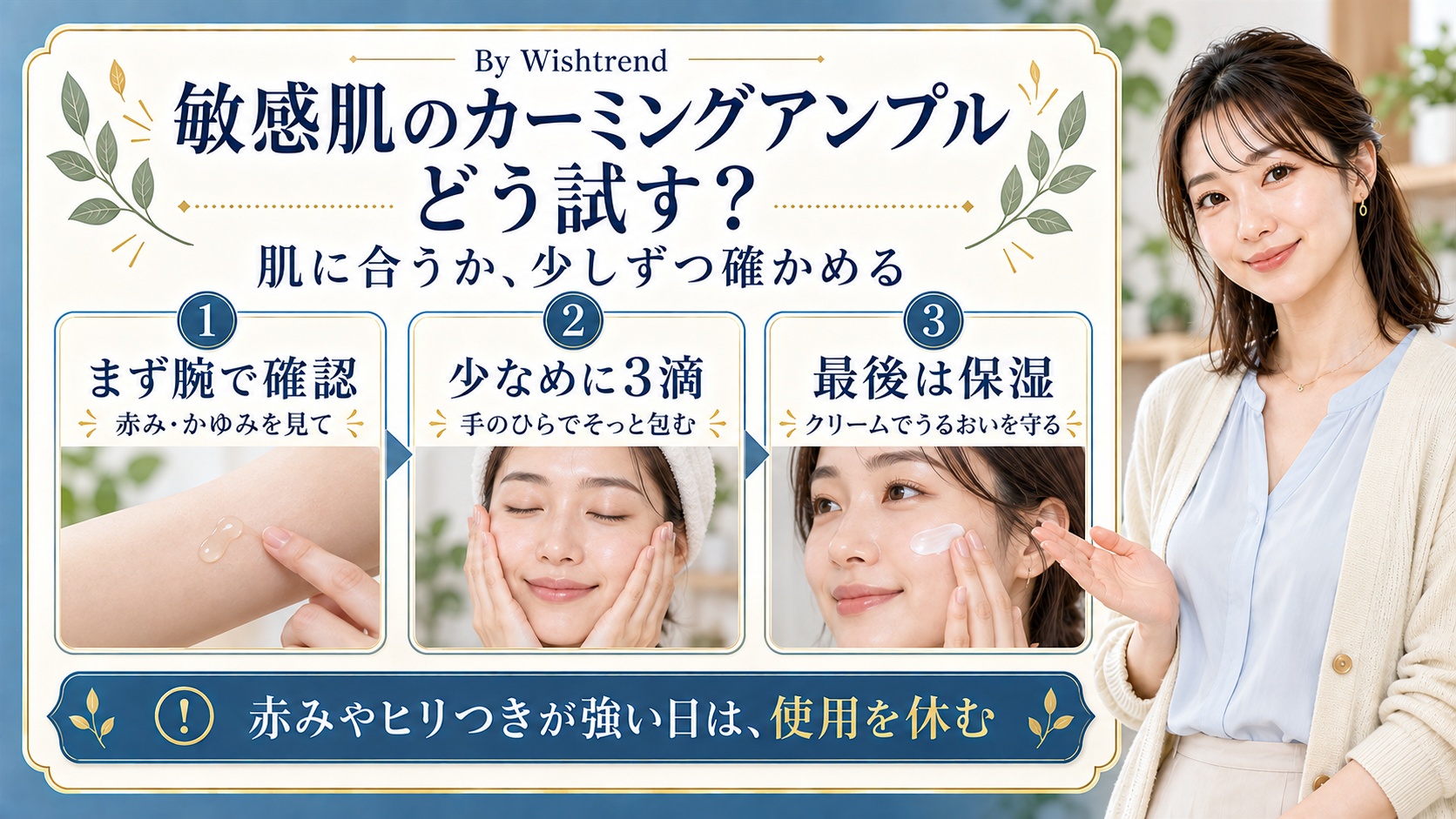 敏感肌のカーミングアンプルの試し方：腕で確認、少なめ3滴、保湿、強い刺激時は休む