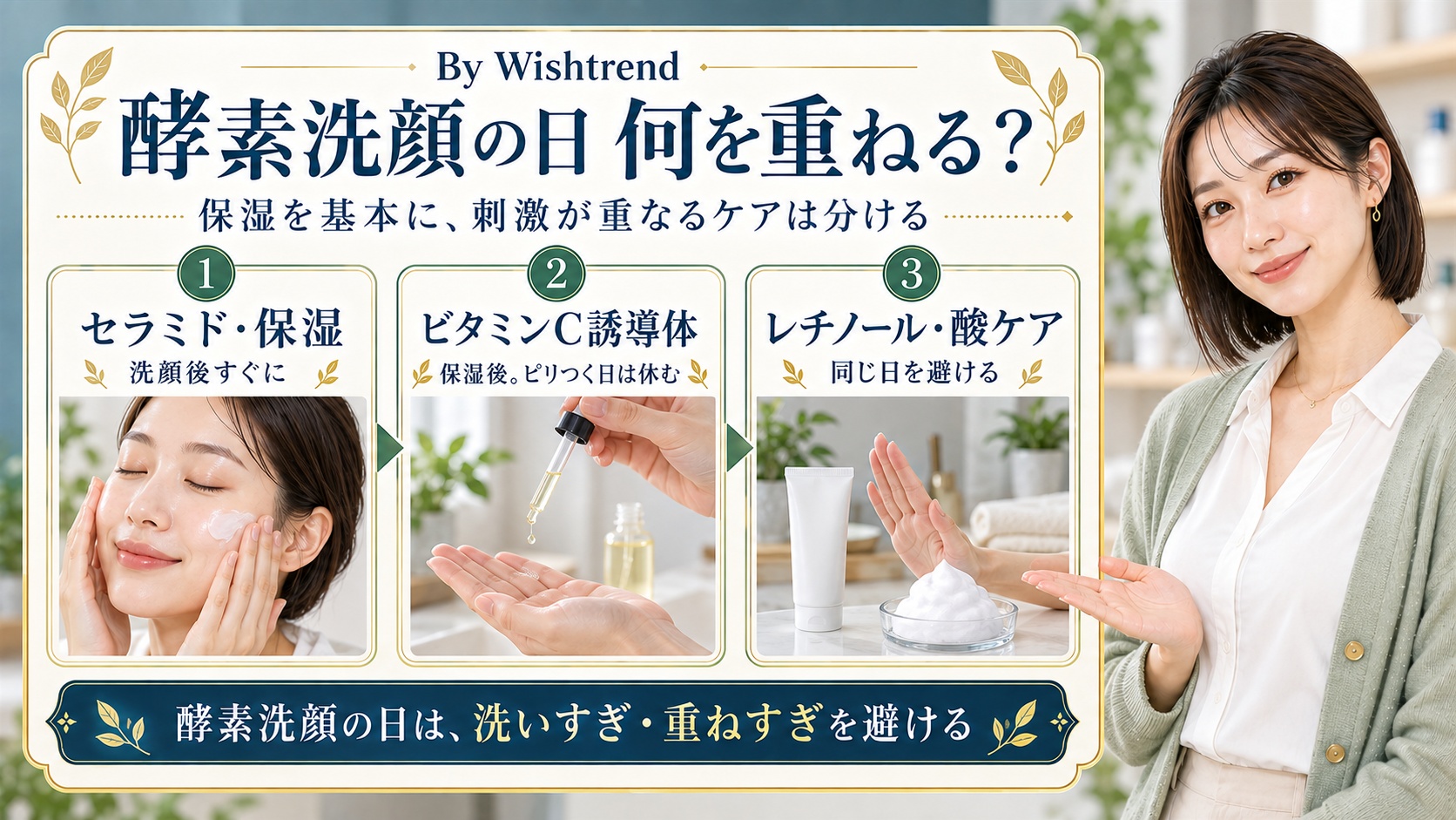 酵素洗顔と美容液の併用:保湿を基本に、ビタミンC誘導体は肌の様子を見て、レチノールや酸ケアは日を分ける
