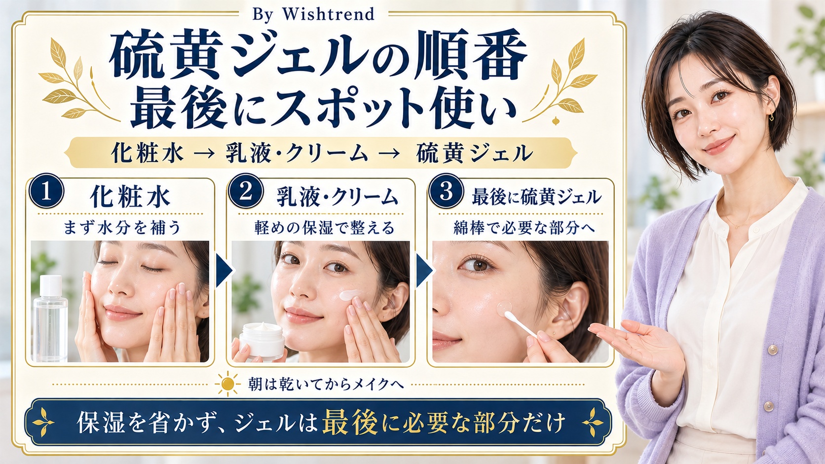 硫黄ジェルの順番は化粧水、乳液・クリーム、最後に硫黄ジェル。綿棒で必要な部分だけに置き、朝は乾いてからメイクする