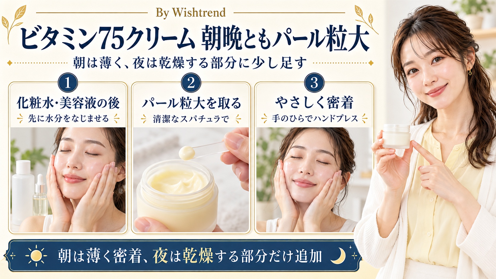 ビタミン75クリームは化粧水・美容液の後に朝晩ともパール粒大を取り、ハンドプレスで密着。朝は薄く、夜は乾燥する部分だけ追加する