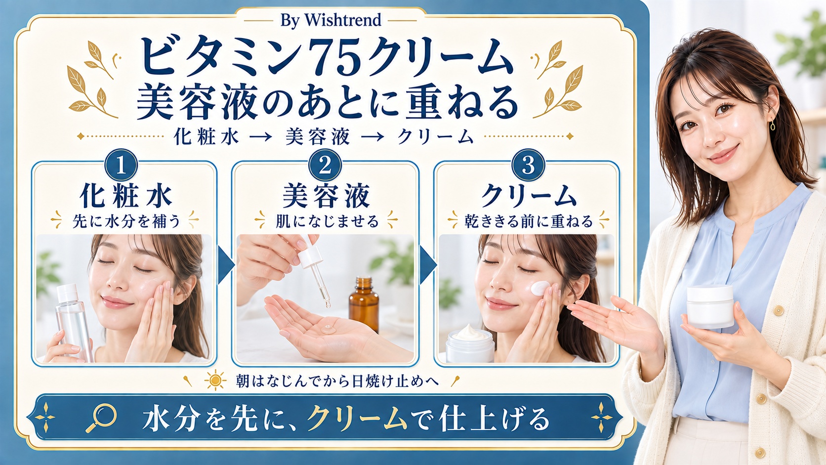 ビタミン75クリームの順番は化粧水、美容液、クリーム。美容液が乾ききる前に重ね、朝はなじんでから日焼け止めへ進む