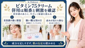 ビタミン75クリームの併用は美容液の後に保湿し、高濃度ピーリングとは別の日に。赤みが出たら重ね塗りを休み、肌の反応を確かめる