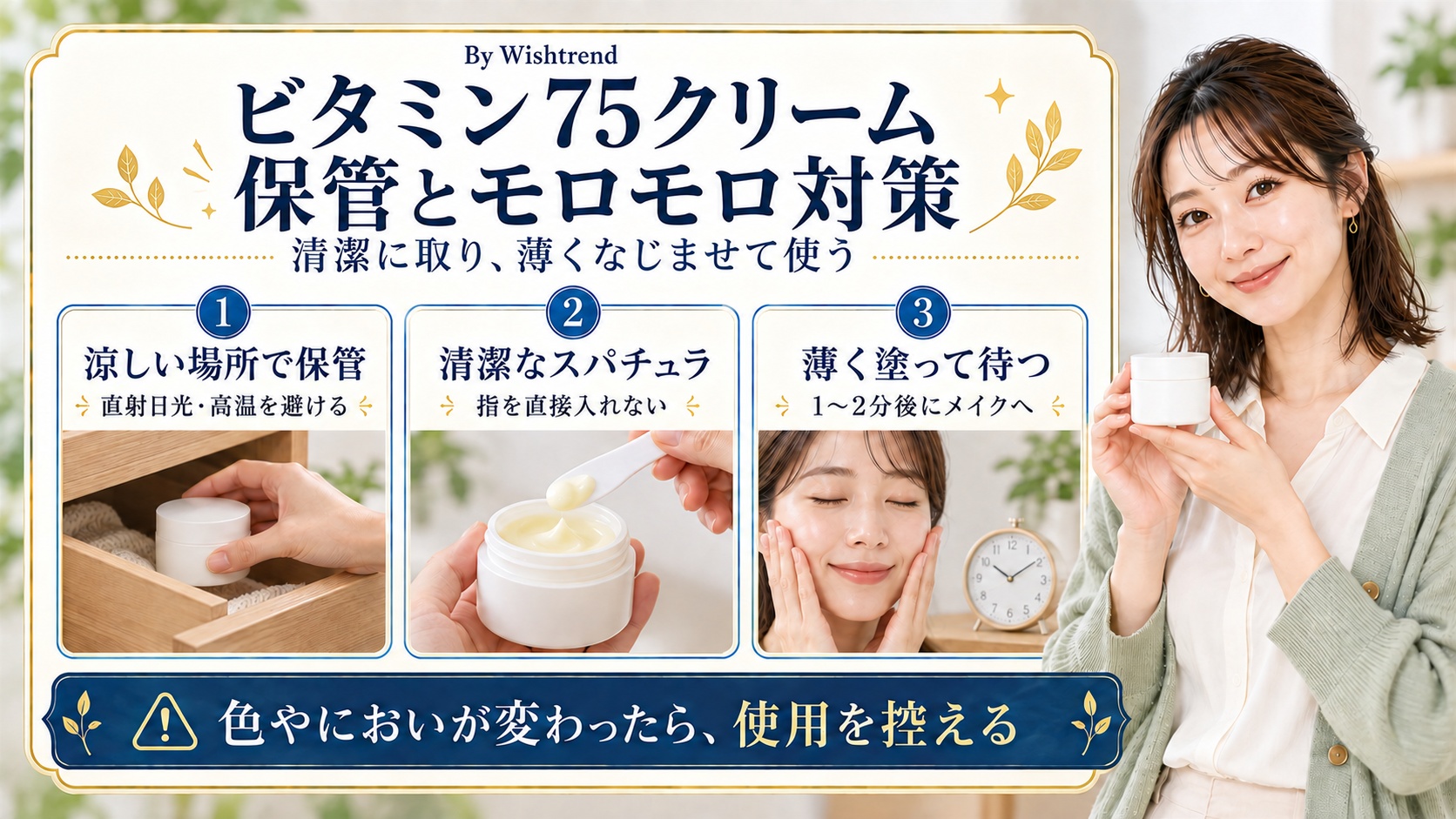ビタミン75クリームの注意点：涼しい場所で保管し、清潔なスパチュラで取り、薄く塗って1〜2分後にメイク。色やにおいが変わったら使用を控える
