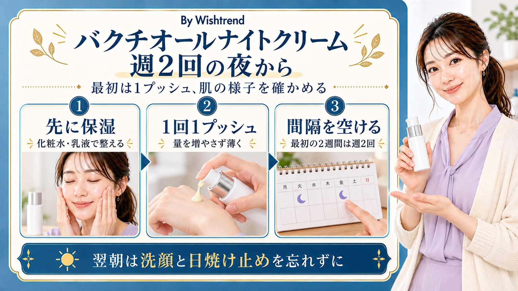 バクチオールナイトクリームは先に保湿し、1回1プッシュを薄く。最初の2週間は週2回の夜から間隔を空け、翌朝は洗顔と日焼け止めを行う