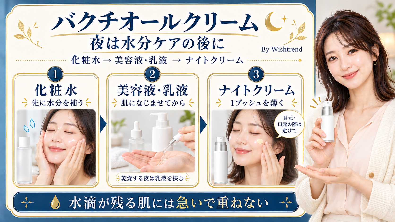 バクチオールクリームは夜、化粧水、美容液・乳液、ナイトクリームの順。肌になじませてから1プッシュを薄く重ね、水滴が残る肌には急いで塗らない