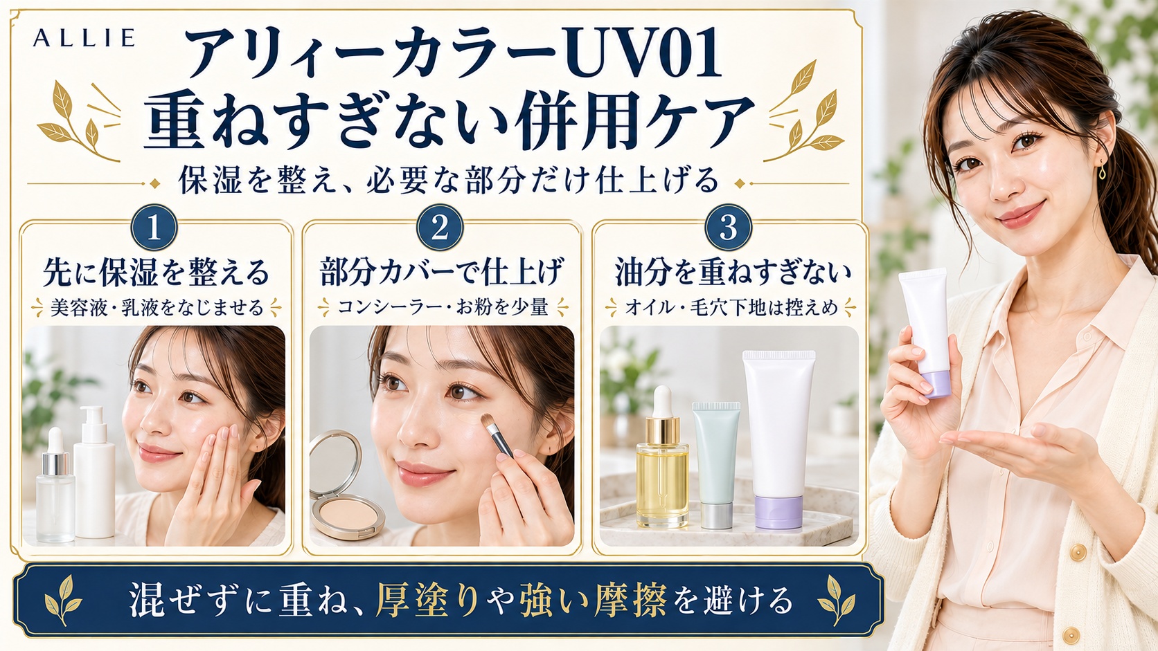アリィーカラーUV01の併用は美容液・乳液で保湿を整え、コンシーラーとお粉は少量で部分仕上げ。油分を重ねすぎず、混ぜずに重ね、厚塗りや強い摩擦を避ける