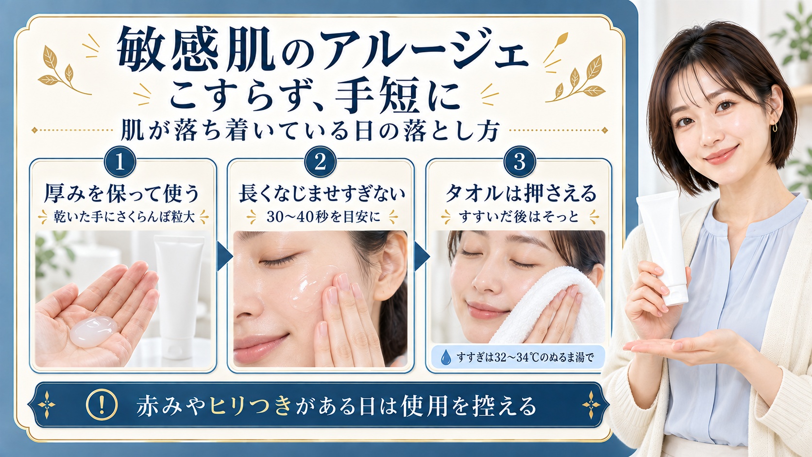 敏感肌のアルージェは肌が落ち着いている日に、乾いた手にさくらんぼ粒大を取り、30〜40秒を目安にこすらずなじませ、すすいだ後はタオルでそっと押さえる。赤みやヒリつきがある日は使用を控える