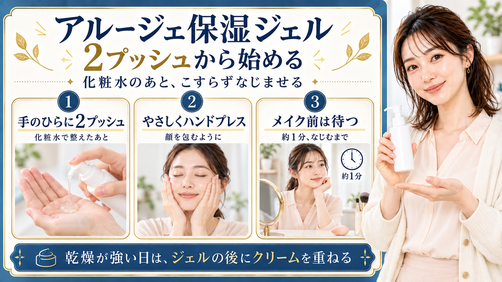 アルージェ保湿ジェルは化粧水で整えたあと手のひらに2プッシュ取り、顔を包むようにハンドプレスする。メイク前は約1分なじむまで待ち、乾燥が強い日はジェルの後にクリームを重ねる