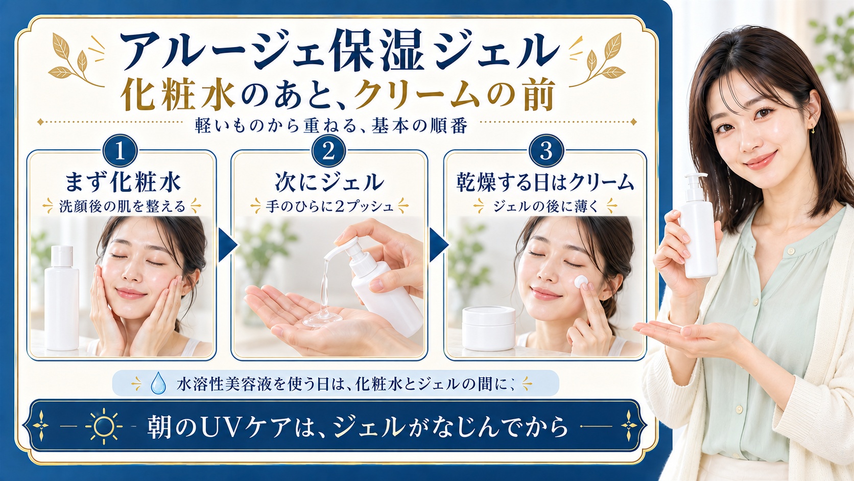 アルージェ保湿ジェルの順番は化粧水のあと、クリームの前。化粧水で肌を整え、ジェル2プッシュをなじませ、乾燥する日はクリームを薄く重ねる。水溶性美容液は化粧水とジェルの間、朝のUVケアはジェルがなじんでから