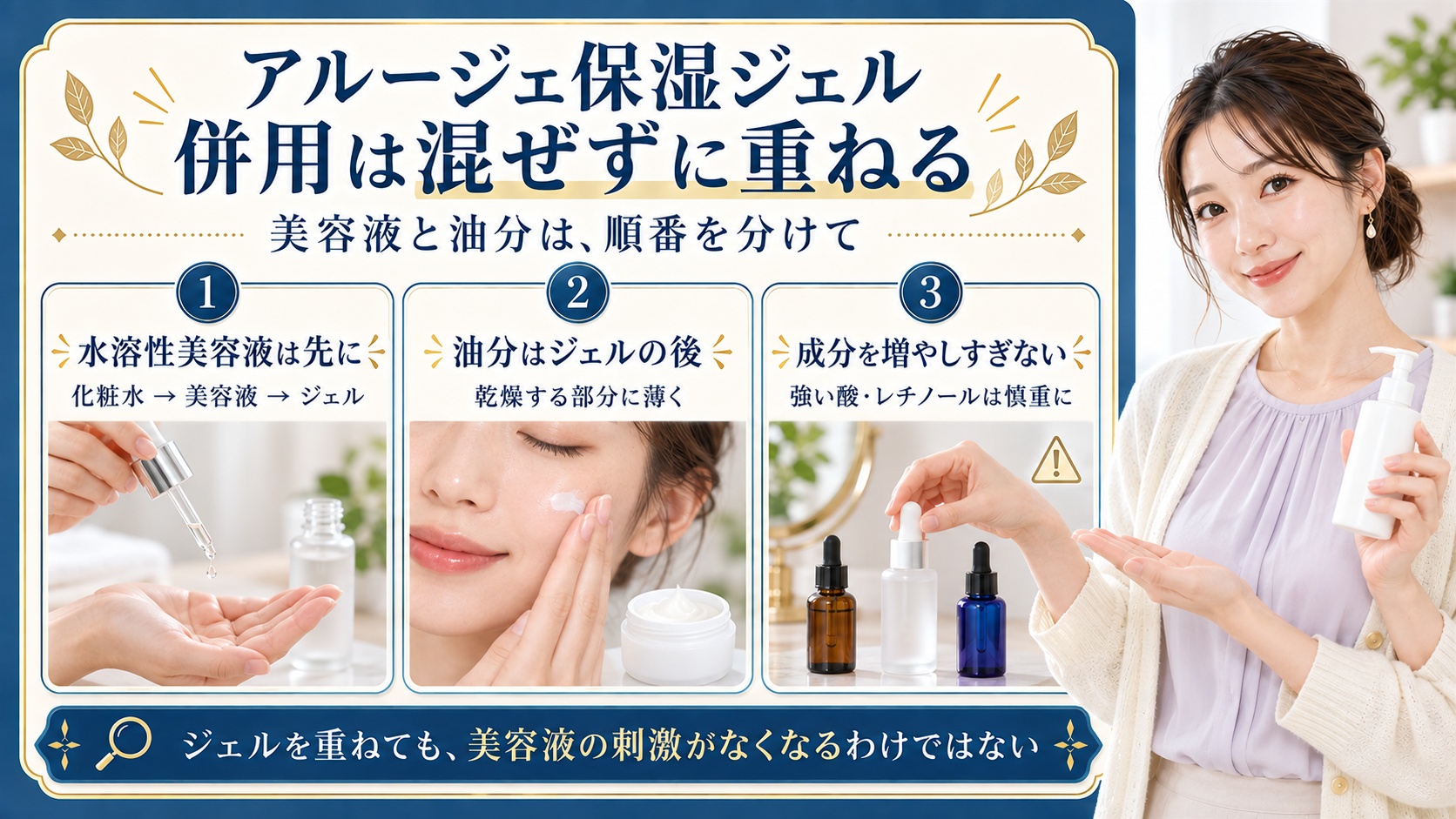 アルージェ保湿ジェルの併用は混ぜずに重ねる。水溶性美容液は化粧水のあとジェルの前、油分はジェルの後に乾燥する部分へ薄く重ねる。強い酸やレチノールは慎重に取り入れ、ジェルで美容液の刺激がなくなるわけではない