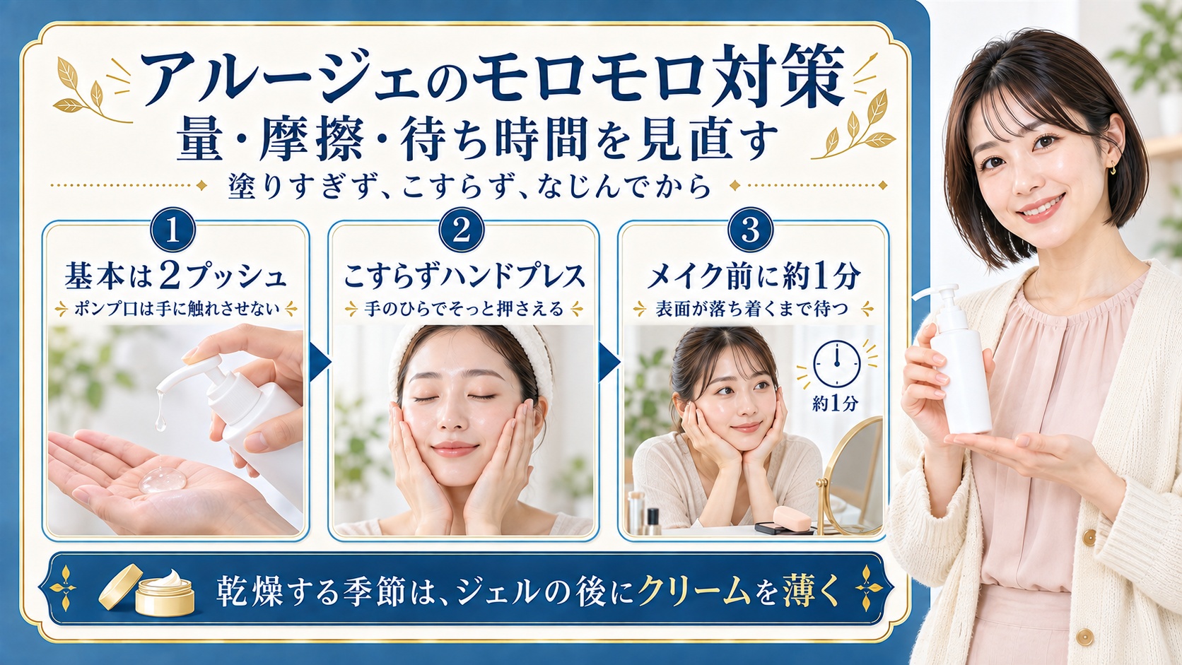 アルージェのモロモロ対策は基本2プッシュを守り、ポンプ口を手に触れさせず、こすらずハンドプレスしてメイク前に約1分待つこと。乾燥する季節はジェルの後にクリームを薄く重ねる