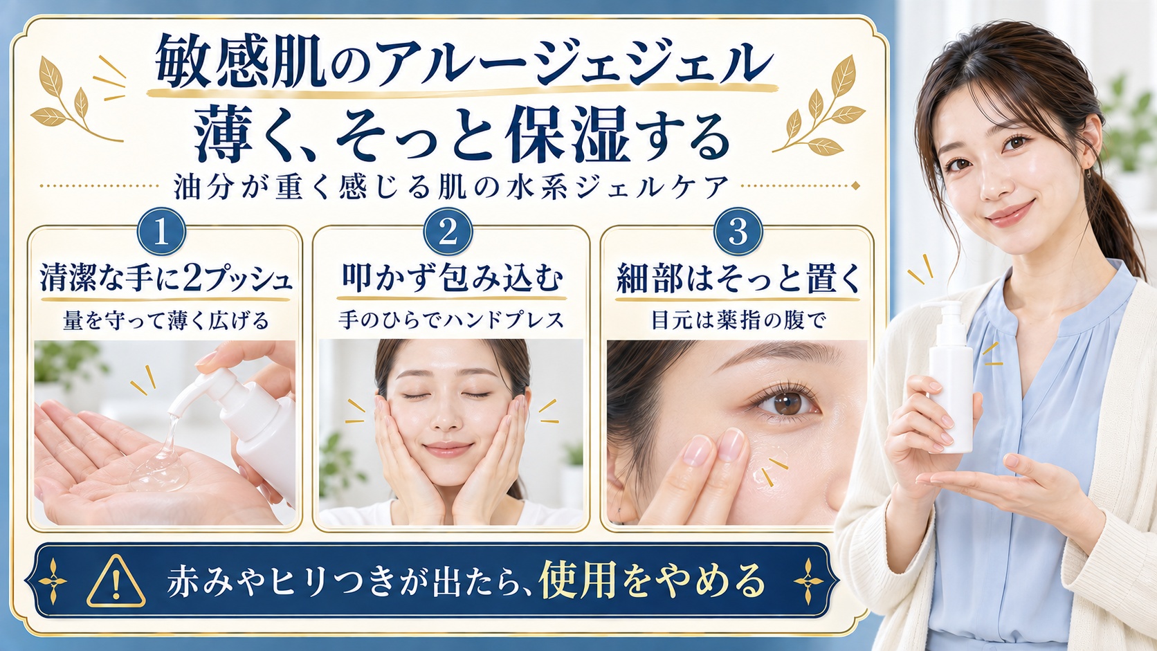 敏感肌のアルージェジェルは清潔な手に2プッシュ取り薄く広げ、叩かず手のひらで包み込むようにハンドプレスする。目元などの細部は薬指の腹でそっと置き、赤みやヒリつきが出たら使用をやめる