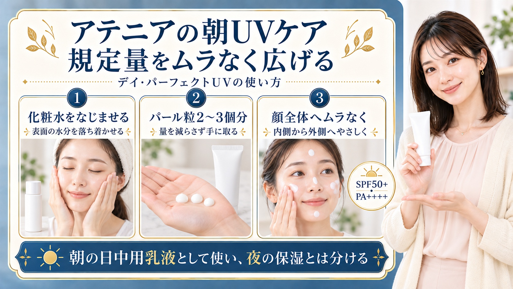 アテニアデイ・パーフェクトUVは化粧水をなじませたあとパール粒2〜3個分を取り、顔全体へ内側から外側にムラなく広げる。SPF50+・PA++++の朝の日中用乳液として使い、夜の保湿とは分ける