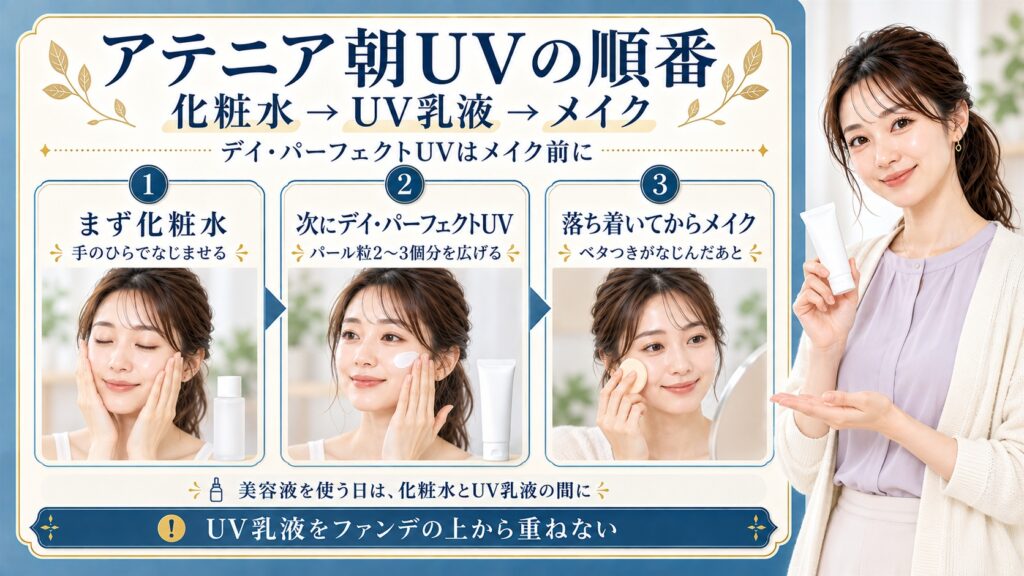 アテニア朝UVの順番は化粧水、デイ・パーフェクトUV、メイク。UV乳液はパール粒2〜3個分を広げ、ベタつきがなじんでからメイクする。美容液は化粧水とUV乳液の間に使い、ファンデの上からUV乳液を重ねない