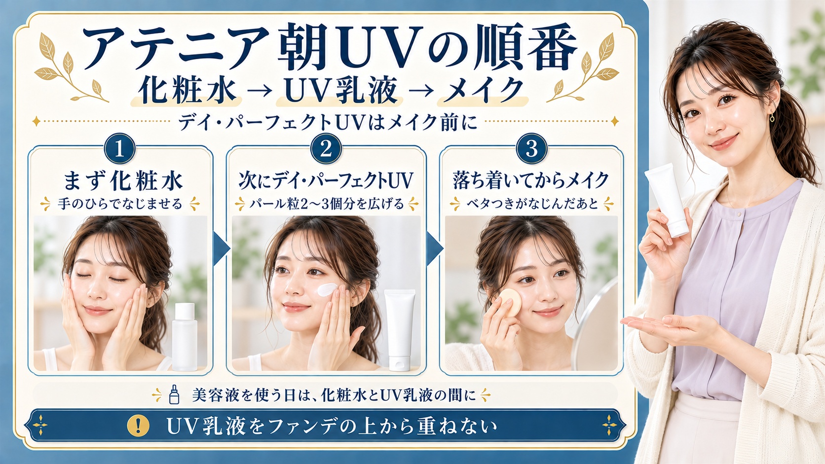 アテニア朝UVの順番は化粧水、デイ・パーフェクトUV、メイク。UV乳液はパール粒2〜3個分を広げ、ベタつきがなじんでからメイクする。美容液は化粧水とUV乳液の間に使い、ファンデの上からUV乳液を重ねない