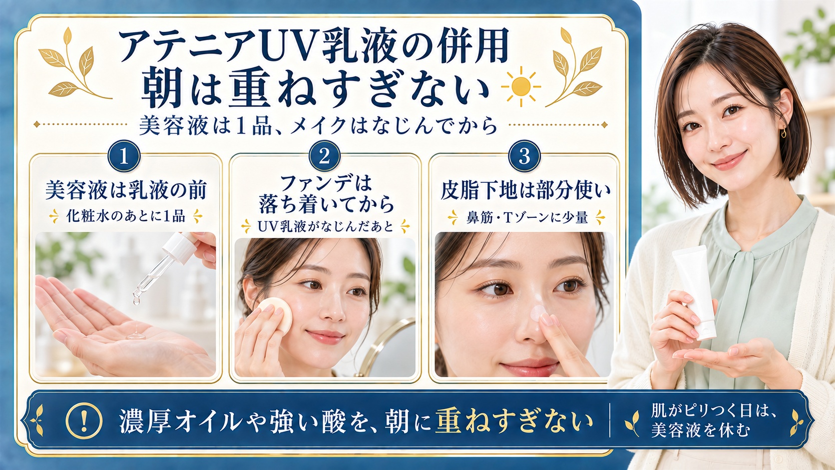 アテニアUV乳液の併用は朝に重ねすぎず、美容液は化粧水のあと乳液の前に1品。ファンデはUV乳液がなじんでから使い、皮脂下地は鼻筋やTゾーンへ少量にとどめる。肌がピリつく日は美容液を休む