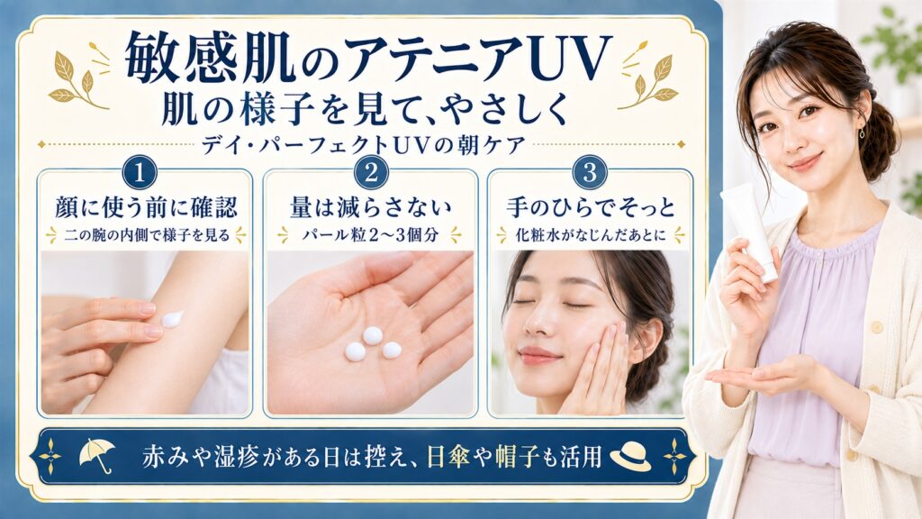 敏感肌のアテニアUVは顔に使う前に二の腕の内側で様子を見て、パール粒2〜3個分を化粧水がなじんだ肌へ手のひらでそっと広げる。赤みや湿疹がある日は使用を控え、日傘や帽子も活用する