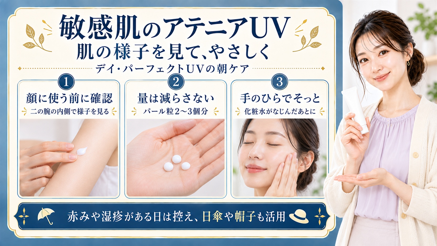 敏感肌のアテニアUVは顔に使う前に二の腕の内側で様子を見て、パール粒2〜3個分を化粧水がなじんだ肌へ手のひらでそっと広げる。赤みや湿疹がある日は使用を控え、日傘や帽子も活用する