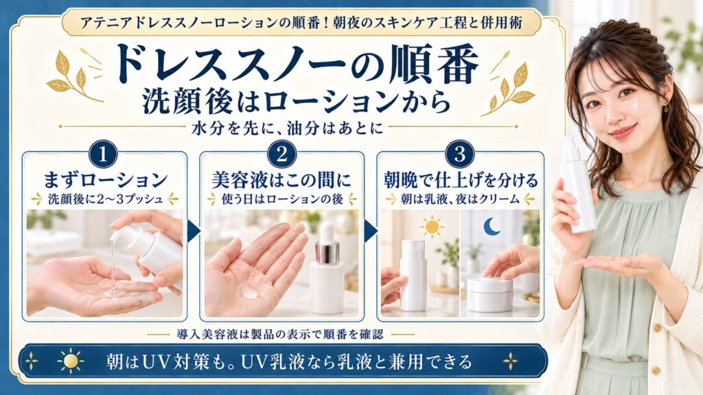 ドレススノーの順番は洗顔後にローション2〜3プッシュから始め、美容液を使う日はその後、朝は乳液、夜はクリームで仕上げる。導入美容液は製品表示で順番を確認し、朝はUV対策も行う
