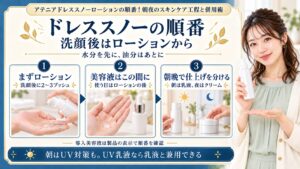 ドレススノーの順番は洗顔後にローション2〜3プッシュから始め、美容液を使う日はその後、朝は乳液、夜はクリームで仕上げる。導入美容液は製品表示で順番を確認し、朝はUV対策も行う
