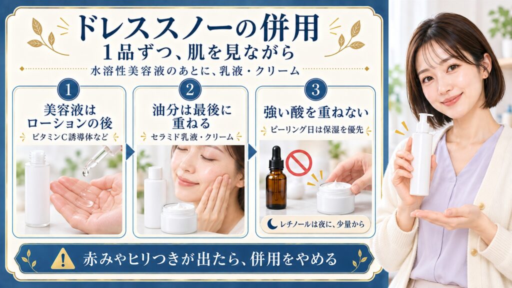 ドレススノーの併用は1品ずつ肌を見ながら、美容液をローションの後に、乳液やクリームを最後に重ねる。強い酸のピーリング日は保湿を優先し、レチノールは夜に少量から。赤みやヒリつきが出たら併用をやめる