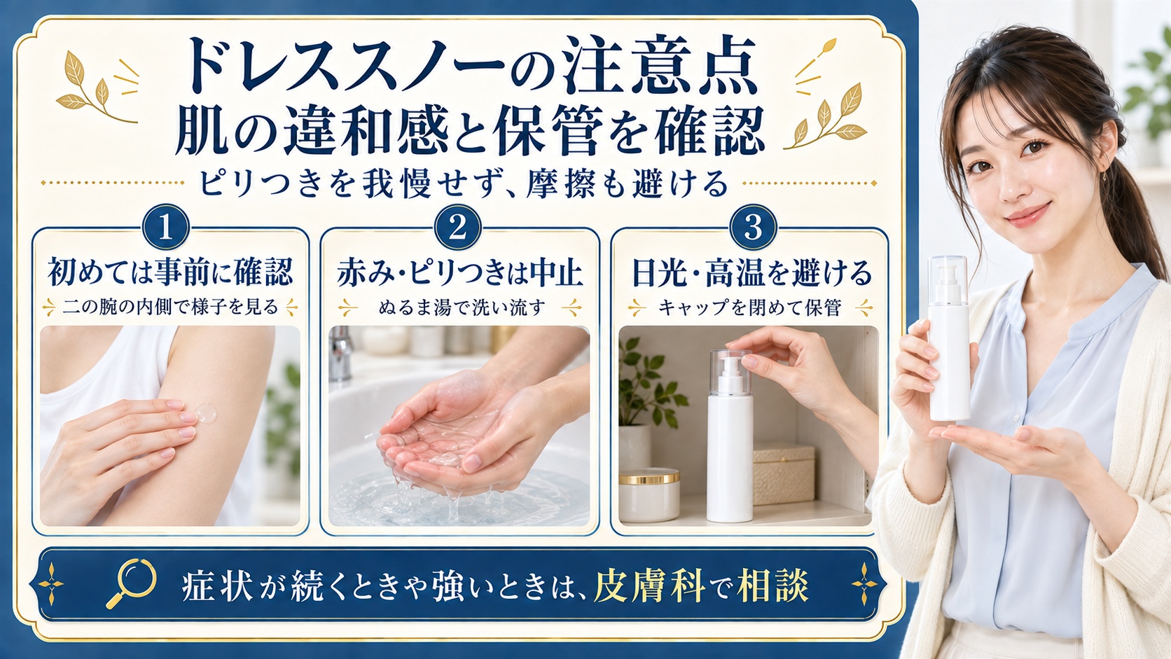 ドレススノーの注意点は初めて使う前に二の腕の内側で確認し、赤みやピリつきが出たら使用を中止してぬるま湯で洗い流すこと。キャップを閉め日光や高温を避けて保管し、症状が続くときや強いときは皮膚科で相談する