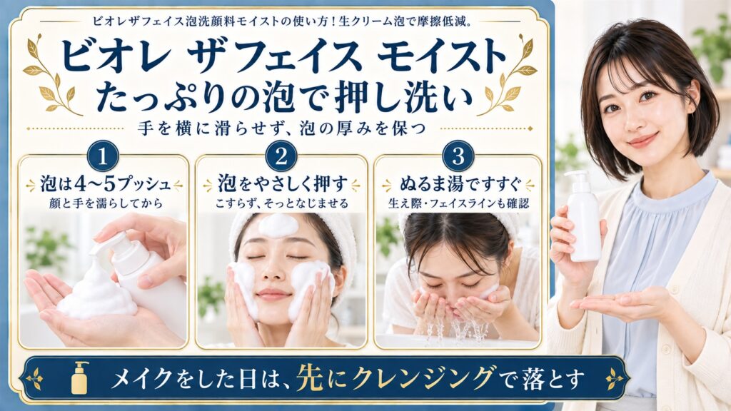 ビオレザフェイスモイストは顔と手を濡らしてから泡を4〜5プッシュ取り、泡の厚みを保ってこすらずやさしく押し洗いする。ぬるま湯ですすぎ生え際やフェイスラインも確認。メイクをした日は先にクレンジングで落とす