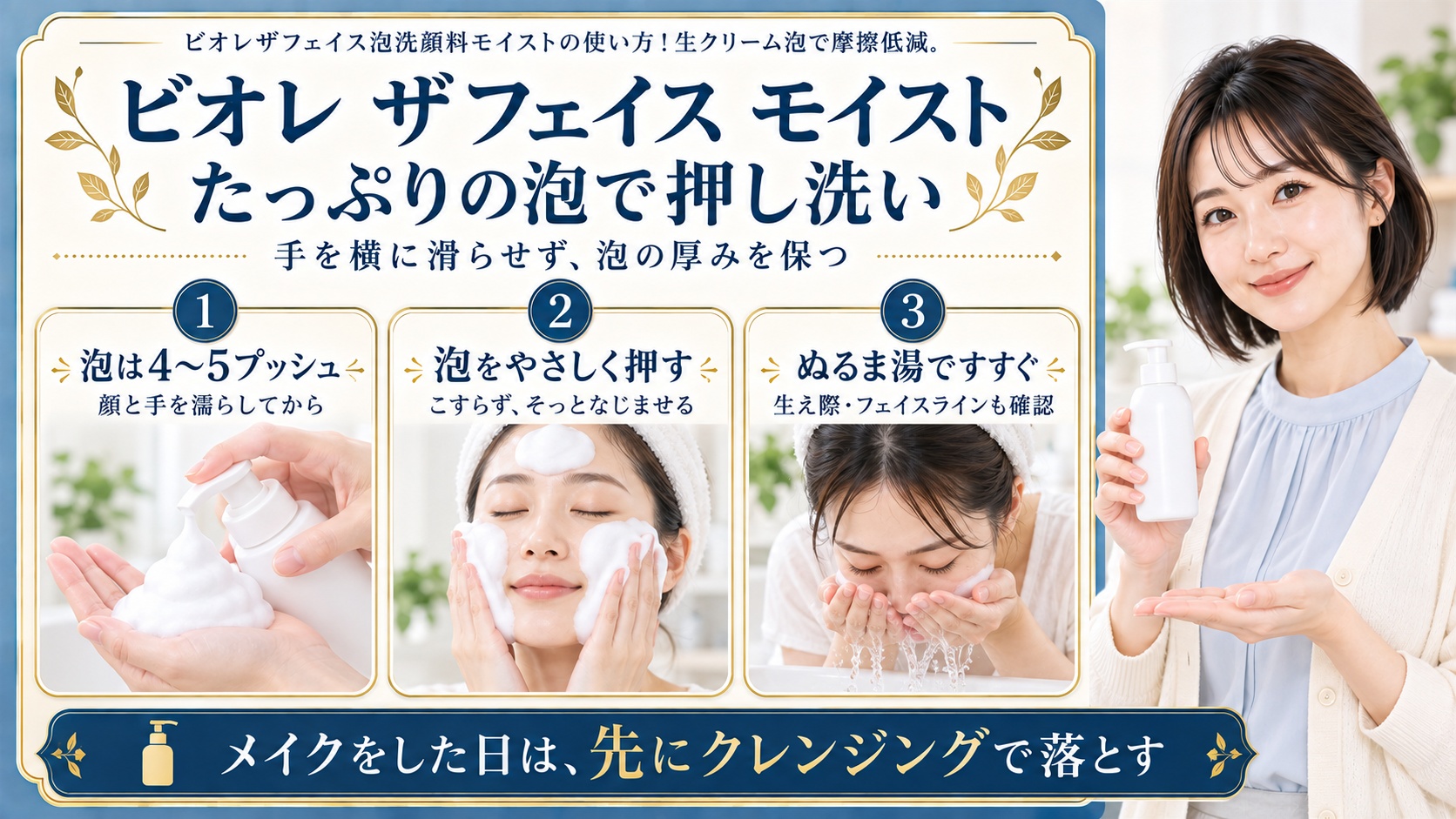 ビオレザフェイスモイストは顔と手を濡らしてから泡を4〜5プッシュ取り、泡の厚みを保ってこすらずやさしく押し洗いする。ぬるま湯ですすぎ生え際やフェイスラインも確認。メイクをした日は先にクレンジングで落とす