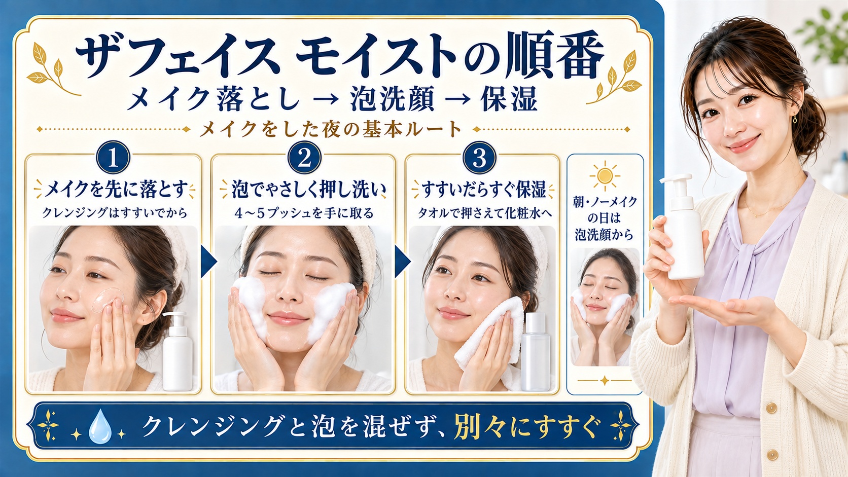 ザフェイスモイストの順番はメイクをした夜ならメイク落とし、泡洗顔、保湿。クレンジングをすすいでから4〜5プッシュの泡で押し洗いし、すすいだ後タオルで押さえてすぐ化粧水へ進む。朝やノーメイクの日は泡洗顔から