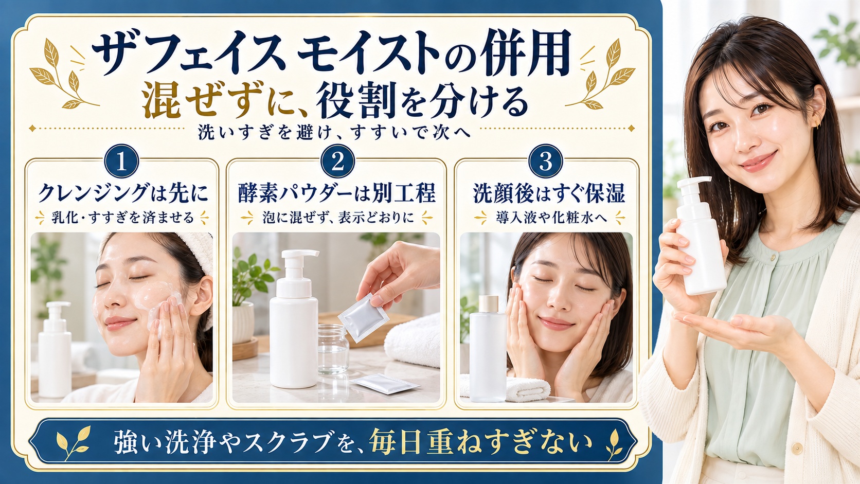 ザフェイスモイストの併用は混ぜずに役割を分ける。クレンジングを先に乳化してすすぎ、酵素パウダーは泡に混ぜず表示どおりの別工程にし、洗顔後は導入液や化粧水ですぐ保湿する。強い洗浄やスクラブを毎日重ねすぎない