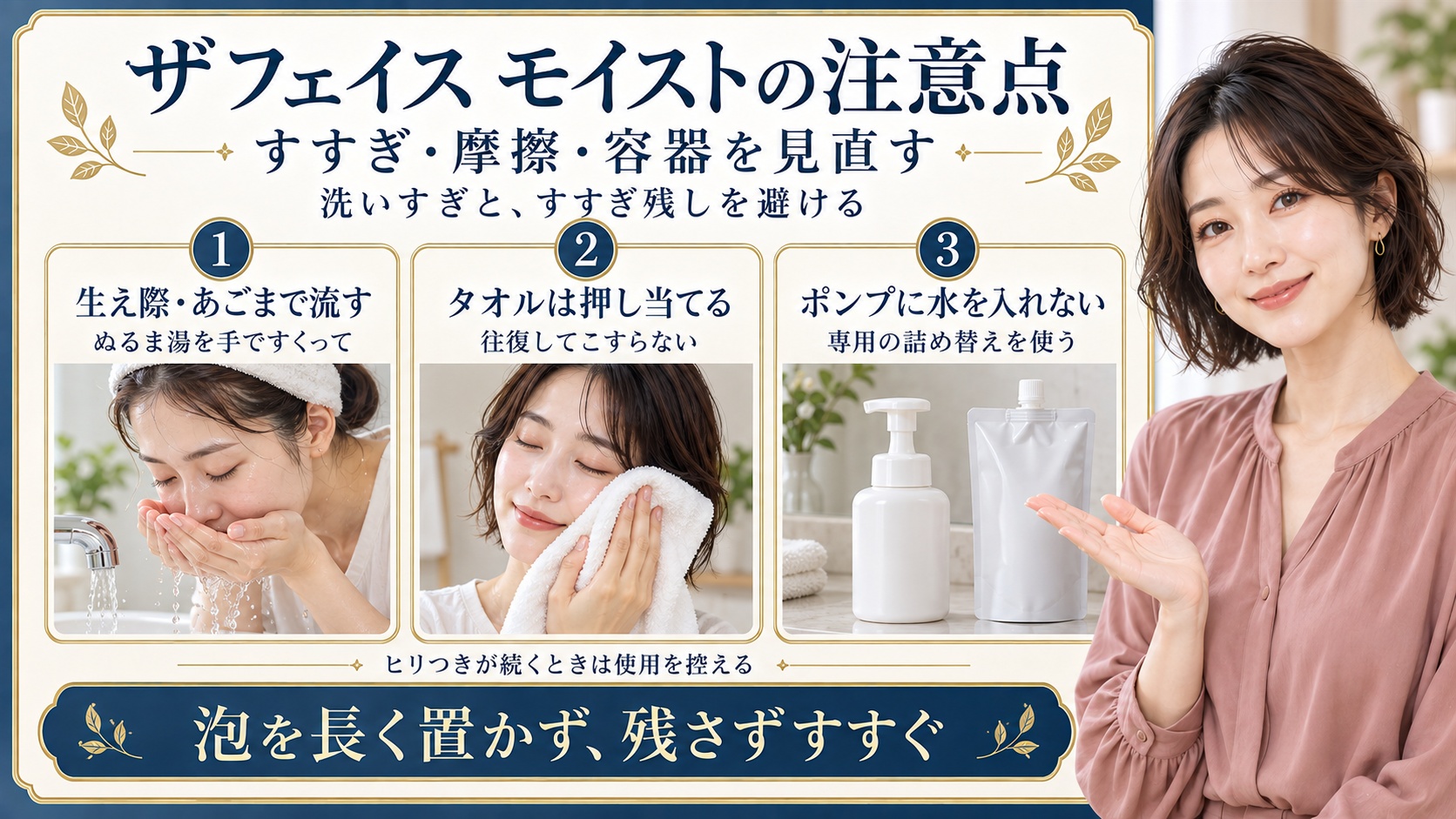 ザフェイスモイストの注意点はすすぎ、摩擦、容器管理。ぬるま湯を手ですくって生え際やあごまで流し、タオルはこすらず押し当てる。ポンプに水を入れず専用の詰め替えを使い、ヒリつきが続くときは使用を控える