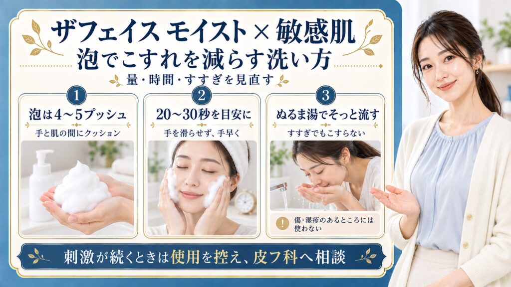 ザフェイスモイストを敏感肌で使う際は4〜5プッシュの泡で手と肌の間にクッションを作り、20〜30秒を目安に手を滑らせず手早く洗う。ぬるま湯を手ですくってこすらずすすぎ、傷や湿疹には使わない。刺激が続くときは使用を控えて皮フ科へ相談する