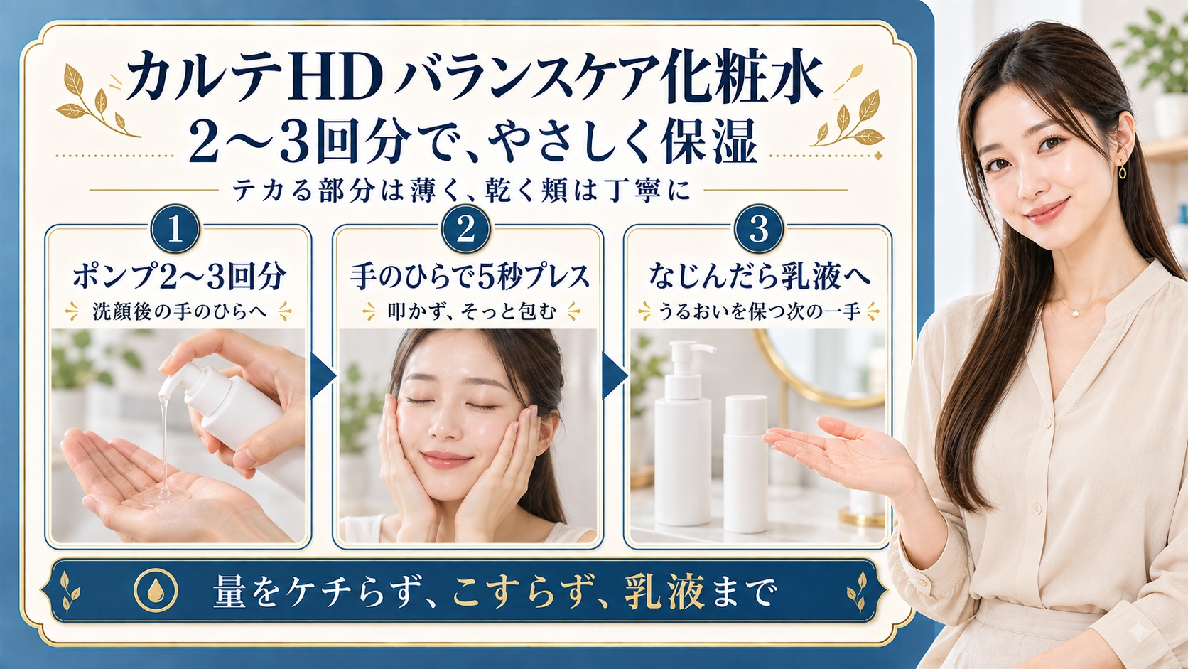カルテHDバランスケア化粧水は洗顔後にポンプ2〜3回分を手に取り、テカる部分は薄く乾く頬は丁寧になじませる。叩かず手のひらで5秒ほどそっと包み、なじんだら乳液へ進む。量をケチらずこすらず乳液まで保湿する
