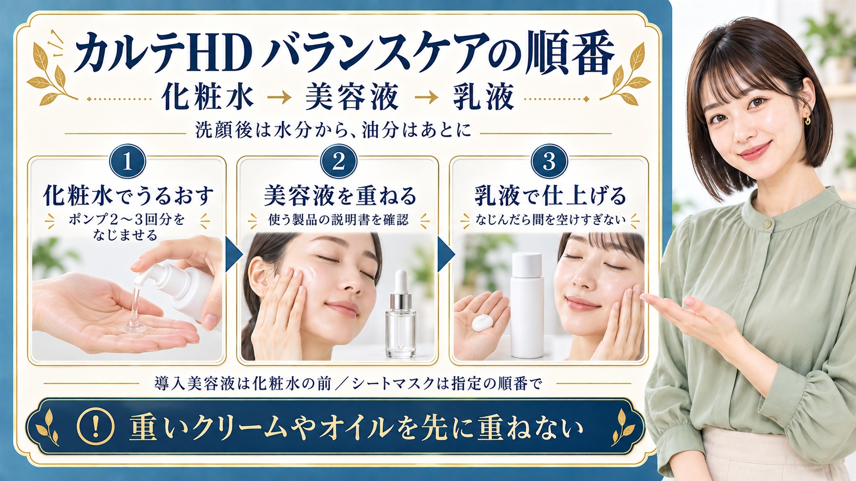 カルテHDバランスケア化粧水の順番は洗顔後に化粧水、使う美容液、乳液。化粧水はポンプ2〜3回分をなじませ、乳液へ間を空けすぎず進む。導入美容液は化粧水の前、シートマスクは製品指定の順番に従う。重いクリームやオイルを先に重ねない