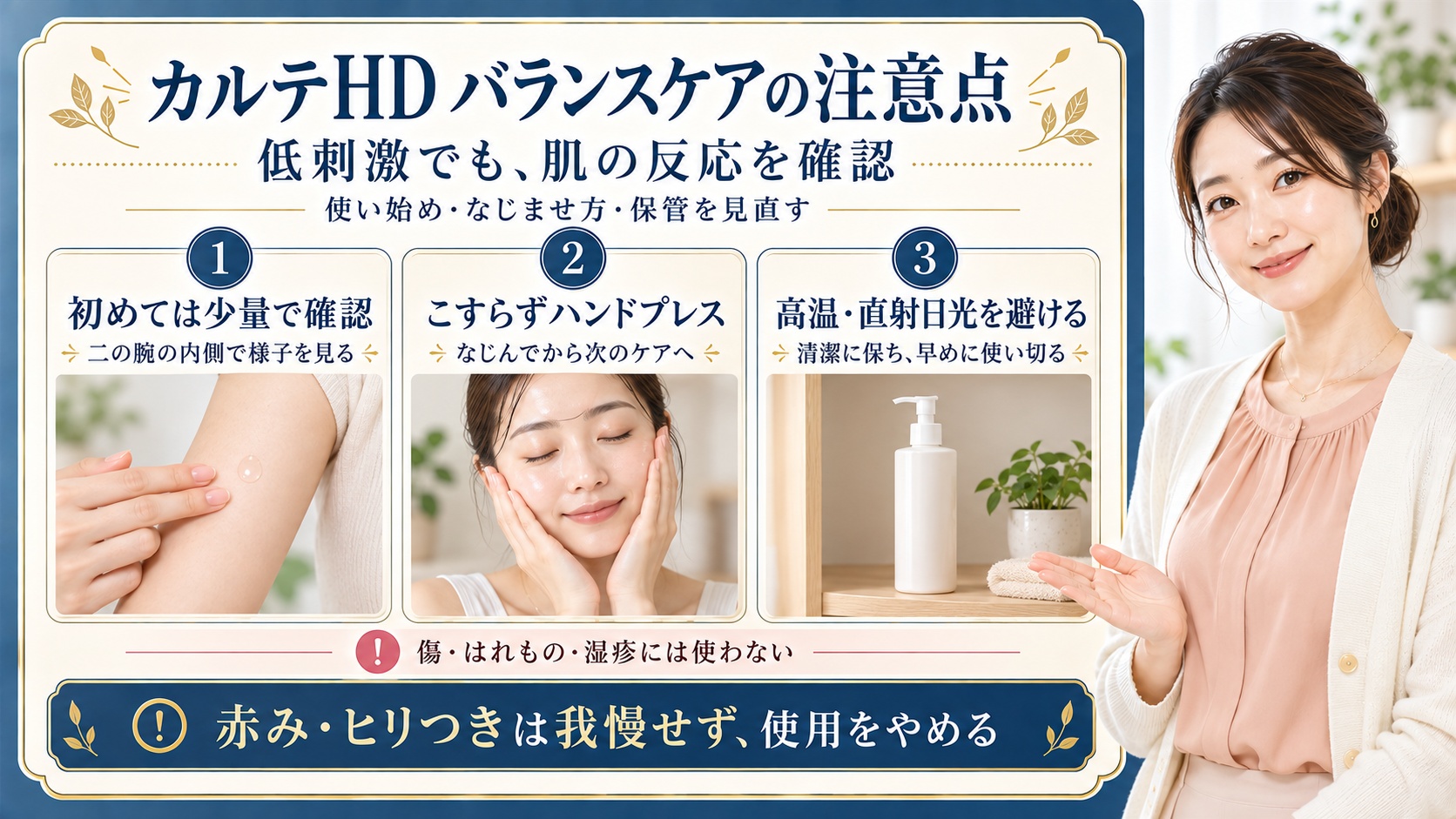 カルテHDバランスケア化粧水は低刺激でも肌の反応を確認する。初めては二の腕の内側で少量を試し、こすらずハンドプレスしてなじんでから次へ進む。高温や直射日光を避けて清潔に保管する。傷、はれもの、湿疹には使わず、赤みやヒリつきが出たら使用をやめる