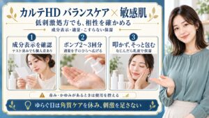 カルテHDバランスケア化粧水は敏感肌でも相性を確かめる。テスト済みでも個人差があるため成分表示を確認し、ポンプ2〜3回分を手のひらへ広げ、叩かずそっと包んでなじんだら乳液で保湿する。赤みやかゆみがあるときは使用を控え、ゆらぐ日は角質ケアを休む