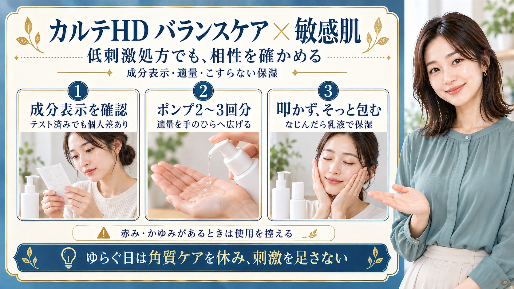 カルテHDバランスケア化粧水は敏感肌でも相性を確かめる。テスト済みでも個人差があるため成分表示を確認し、ポンプ2〜3回分を手のひらへ広げ、叩かずそっと包んでなじんだら乳液で保湿する。赤みやかゆみがあるときは使用を控え、ゆらぐ日は角質ケアを休む