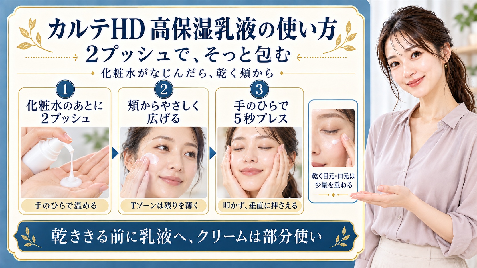 カルテHD高保湿乳液は化粧水がなじんだら2プッシュを手に取り温め、乾く頬からやさしく広げる。Tゾーンは残りを薄く使い、叩かず手のひらで5秒ほど押さえる。乾く目元や口元には少量を重ね、クリームは部分使いにする