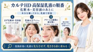 カルテHD高保湿乳液は化粧水や美容液をなじませたあとに2プッシュを手のひらでそっと包むように使う。クリームは最後に乾く目元や口元へ少量を重ね、朝は肌表面が落ち着いてから日焼け止めへ進む。洗顔直後に先行させず乾ききる前に乳液を重ねる