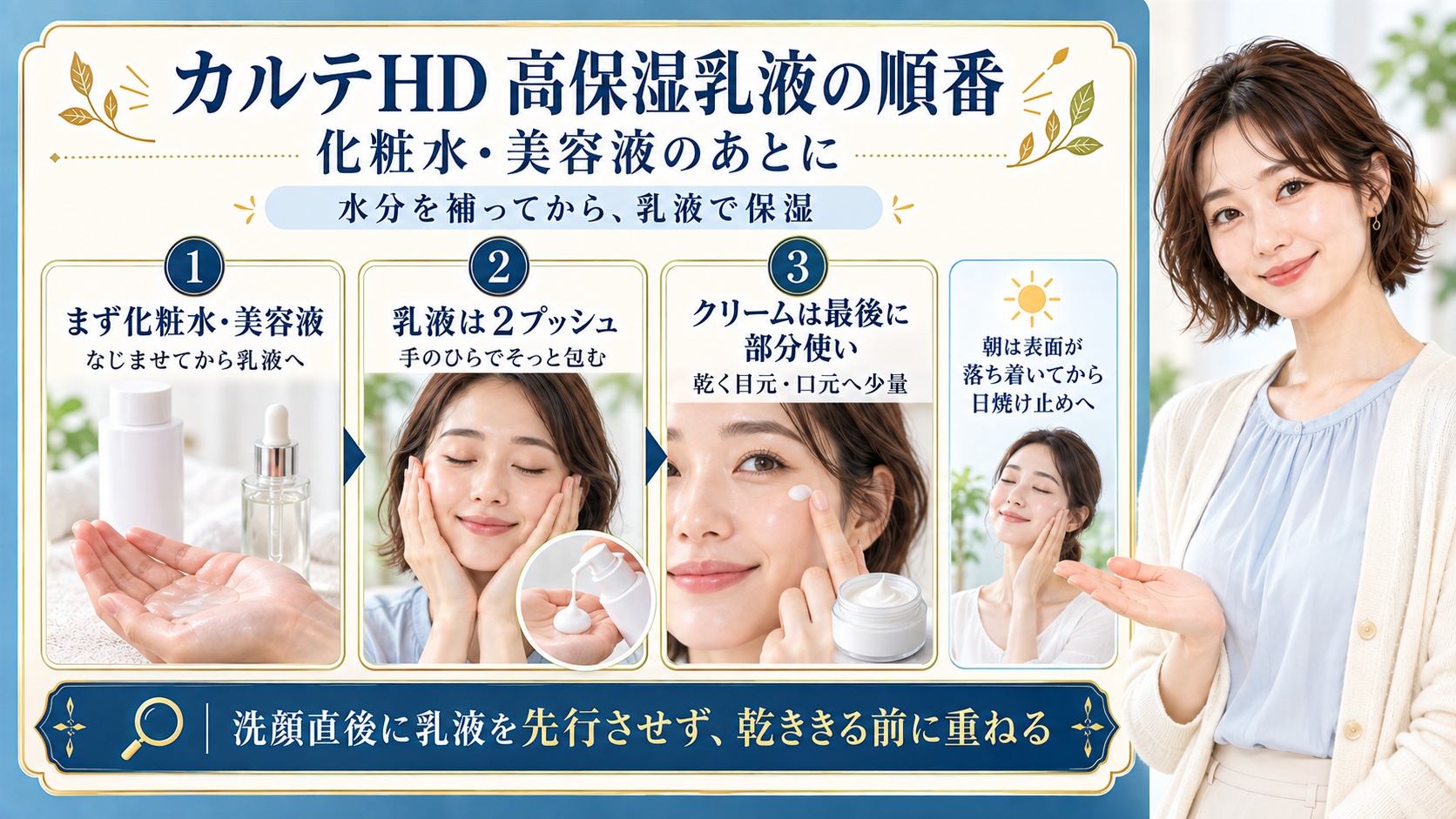 カルテHD高保湿乳液は化粧水や美容液をなじませたあとに2プッシュを手のひらでそっと包むように使う。クリームは最後に乾く目元や口元へ少量を重ね、朝は肌表面が落ち着いてから日焼け止めへ進む。洗顔直後に先行させず乾ききる前に乳液を重ねる