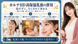 カルテHD高保湿乳液の併用は混ぜずになじませて重ねる。朝は乳液をなじませ約1分肌表面が落ち着いてから下地へ進み、夜のオイルは乳液のあとに1滴を薄く重ねる。クリームは乾く部分へ少量使い、乳液と下地やファンデを手のひらで混ぜない